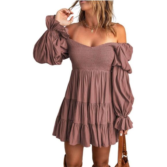 NEW Off The Shoulder V Neck Long Sleeve Ruffle Flowy Mini Dress L - Picture 1 of 6